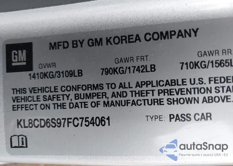 2015 Chevrolet Spark 1Lt Cvt z USA, uszkodzony, nr VIN KL8CD6S97FC754061